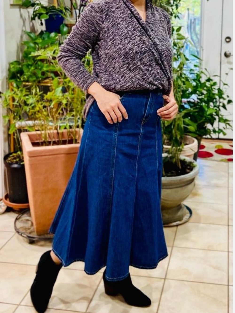 Southern Lady Blue Denim A-Line Midi Skirt